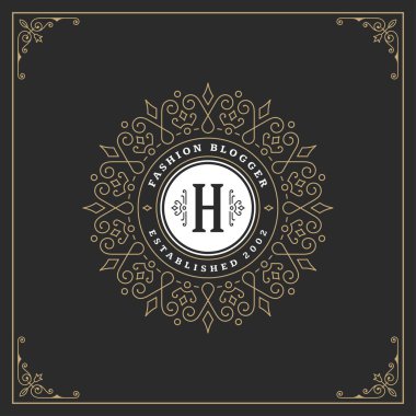 Kaligrafi vintage çerçeve süsleme monogram logo tasarım şablonu vektör gelişir. İyi Lüks Crest, butik marka, Düğün Salonu, otel işareti.