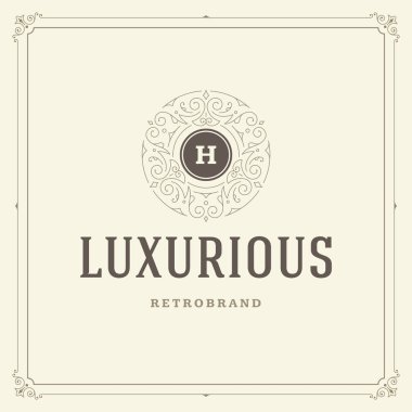 Kaligrafi vintage çerçeve süsleme monogram logo tasarım şablonu vektör gelişir. İyi Lüks Crest, butik marka, Düğün Salonu, otel işareti.
