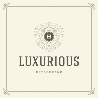 Kaligrafi vintage çerçeve süsleme monogram logo tasarım şablonu vektör gelişir. İyi Lüks Crest, butik marka, Düğün Salonu, otel işareti.