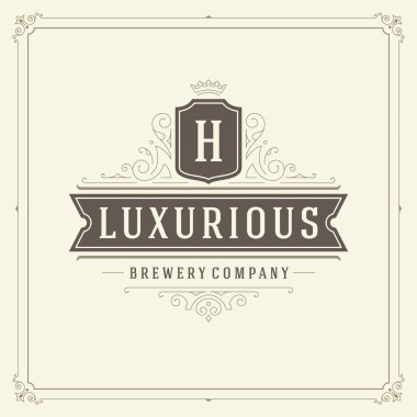 Kaligrafi vintage çerçeve süsleme logo tasarım şablonu vektör gelişir. İyi lüks Crest, butik marka, düğün Salonu, otel işareti.