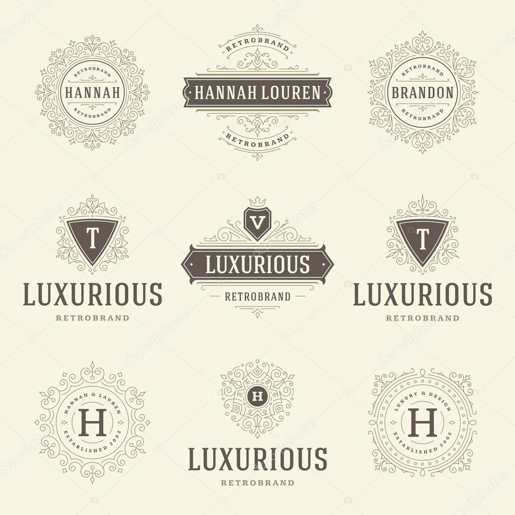 Luxury logos templates set, flourishes calligraphic elegant ornament lines. Business sign, badges and monograms for elegant crest, boutique brand, wedding shop, hotel sign, fashion designer.