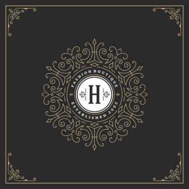Kaligrafi vintage çerçeve süsleme monogram logo tasarım şablonu vektör gelişir. İyi Lüks Crest, butik marka, Düğün Salonu, otel işareti.