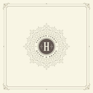 Kaligrafi vintage çerçeve süsleme monogram logo tasarım şablonu vektör gelişir. İyi Lüks Crest, butik marka, Düğün Salonu, otel işareti.