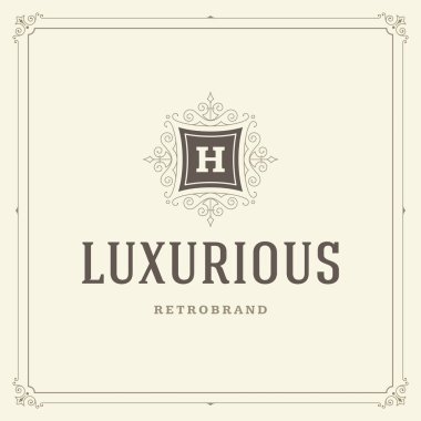 Kaligrafi vintage çerçeve süsleme monogram logo tasarım şablonu vektör gelişir. İyi Lüks Crest, butik marka, Düğün Salonu, otel işareti.