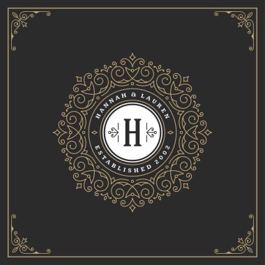 Kaligrafi vintage çerçeve süsleme monogram logo tasarım şablonu vektör gelişir. İyi Lüks Crest, butik marka, Düğün Salonu, otel işareti.