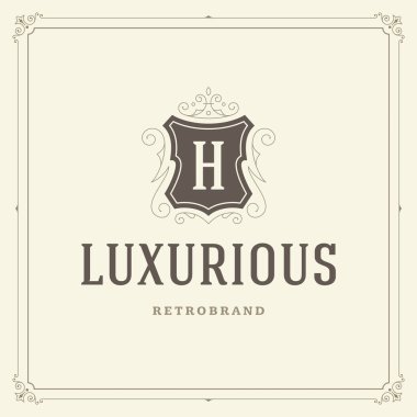 Kaligrafi vintage çerçeve süsleme monogram logo tasarım şablonu vektör gelişir. İyi Lüks Crest, butik marka, Düğün Salonu, otel işareti.