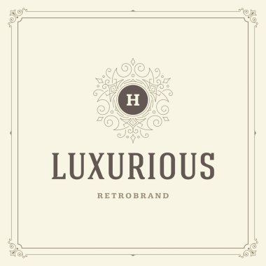 Kaligrafi vintage çerçeve süsleme monogram logo tasarım şablonu vektör gelişir. İyi Lüks Crest, butik marka, Düğün Salonu, otel işareti.