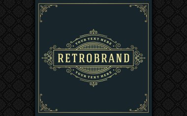 Lüks logo şablonu vektör altın vintage süsleme gelişir. Kraliyet arması, butik marka, Düğün Salonu, otel işareti için iyi. Çerçeve ve desen arka plan.