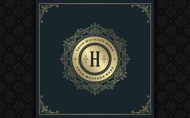 Lüks logo şablonu vektör altın vintage süsleme gelişir. Kraliyet arması, butik marka, Düğün Salonu, otel işareti için iyi. Çerçeve ve desen arka plan.