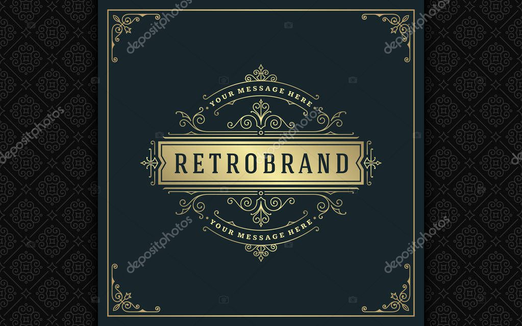 Luxury logo template vector golden vintage flourishes ornament. Good for royal crest, boutique brand, wedding shop, hotel sign. Frame and pattern background.