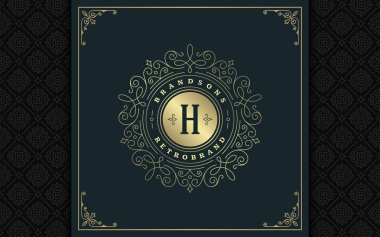 Lüks logo şablonu vektör altın vintage süsleme gelişir. Kraliyet arması, butik marka, Düğün Salonu, otel işareti için iyi. Çerçeve ve desen arka plan.