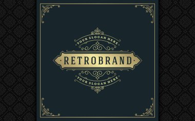 Lüks logo şablonu vektör altın vintage süsleme gelişir. Kraliyet arması, butik marka, Düğün Salonu, otel işareti için iyi. Çerçeve ve desen arka plan.
