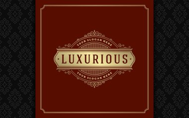 Lüks logo şablonu vektör altın vintage süsleme gelişir. Kraliyet arması, butik marka, Düğün Salonu, otel işareti için iyi. Çerçeve ve desen arka plan.