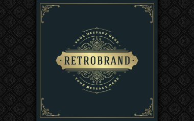 Lüks logo şablonu vektör altın vintage süsleme gelişir. Kraliyet arması, butik marka, Düğün Salonu, otel işareti için iyi. Çerçeve ve desen arka plan.