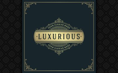 Lüks logo şablonu vektör altın vintage süsleme gelişir. Kraliyet arması, butik marka, Düğün Salonu, otel işareti için iyi. Çerçeve ve desen arka plan.
