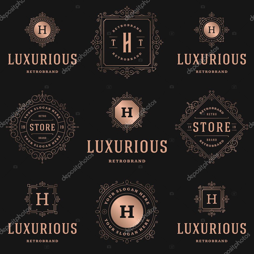 Luxury logos templates set, flourishes calligraphic elegant ornament lines. Business sign, badges and monograms for elegant crest, boutique brand, wedding shop, hotel sign, fashion designer.