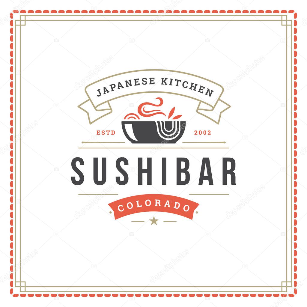 Sushi restaurant logo vector illustration. Japanese food, ramen noodle silhouette. Vintage typography badge design.