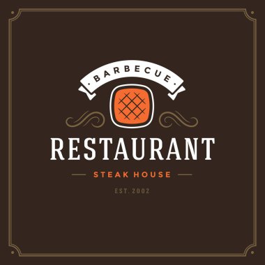 Restoran logo vektör çizim ızgara. Barbekü et lokantası menüsü amblemi, ızgara et biftek siluet. Vintage tipografi rozet tasarım.