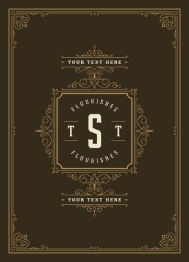 Vintage süs tebrik kartı vektör şablonu. Retro düğün davetiyesi, reklam ya da başka bir tasarım ve metin için yer. Süslü çerçeveyi zenginleştirir.