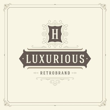 Kaligrafi vintage çerçeve süsleme logo tasarım şablonu vektör gelişir. İyi lüks Crest, butik marka, düğün Salonu, otel işareti.