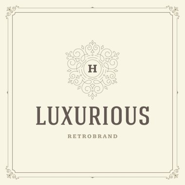 Kaligrafi vintage çerçeve süsleme monogram logo tasarım şablonu vektör gelişir. İyi Lüks Crest, butik marka, Düğün Salonu, otel işareti.