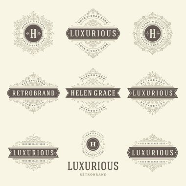 Lüks logolar şablonları kümesi, kaligrafi zarif süsleme satırları gelişir. İş işareti, rozetleri ve Monogram zarif sorguç, butik marka, düğün Salonu, otel işareti, moda tasarımcısı.