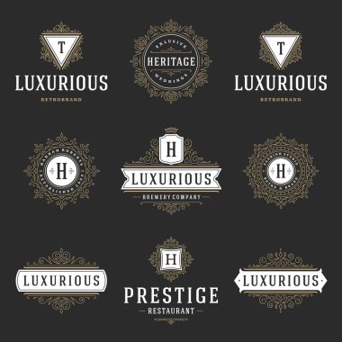 Lüks logolar şablonları kümesi, kaligrafi zarif süsleme satırları gelişir. İş işareti, rozetleri ve Monogram zarif sorguç, butik marka, düğün Salonu, otel işareti, moda tasarımcısı.