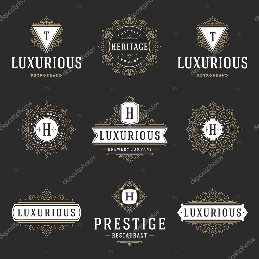 Luxury logos templates set, flourishes calligraphic elegant ornament lines. Business sign, badges and monograms for elegant crest, boutique brand, wedding shop, hotel sign, fashion designer.