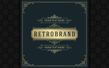 Lüks logo şablonu vektör altın vintage süsleme gelişir. Kraliyet arması, butik marka, Düğün Salonu, otel işareti için iyi. Çerçeve ve desen arka plan.