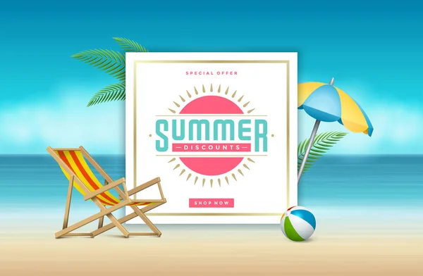 Venta Verano Banner Compras Línea Fondo Playa Ilustración Vectorial Insignia — Vector de stock