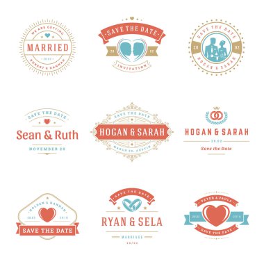 Logo ve rozetleri vektör ve tasarım öğeleri düğün ayarlayın. Tarihi davetiye kartları, dekorasyon süsleri ve sembolleri kazanmak için Vintage tipografi başlıkları.