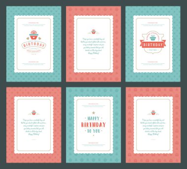 Mutlu Doğum günü tebrik kartları baskı tasarım vektör çizim ayarlayın. Vintage Doğum günü kartı veya dilek mesajı ve desen arka plan etiketi.