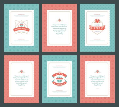 Mutlu Doğum günü tebrik kartları baskı tasarım vektör çizim ayarlayın. Vintage Doğum günü kartı veya dilek mesajı ve desen arka plan etiketi.