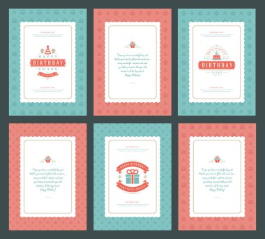 Mutlu Doğum günü tebrik kartları baskı tasarım vektör çizim ayarlayın. Vintage Doğum günü kartı veya dilek mesajı ve desen arka plan etiketi.