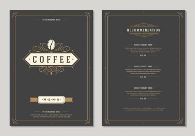 Coffee shop logo ve menü tasarımı vektör broşür şablonu. Kahve çekirdeği siluet.