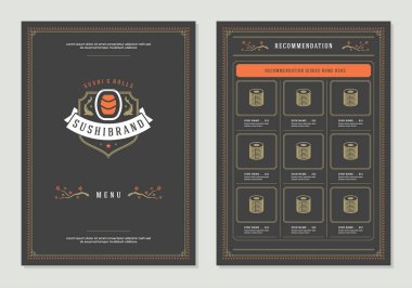 Suşi restoran menü tasarım ve logo vektör broşür şablonu. Rulo siluet.