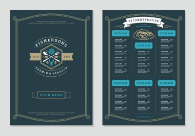 Deniz ürünleri restoran menü tasarım ve logo vektör broşür şablonu. Balık siluet.