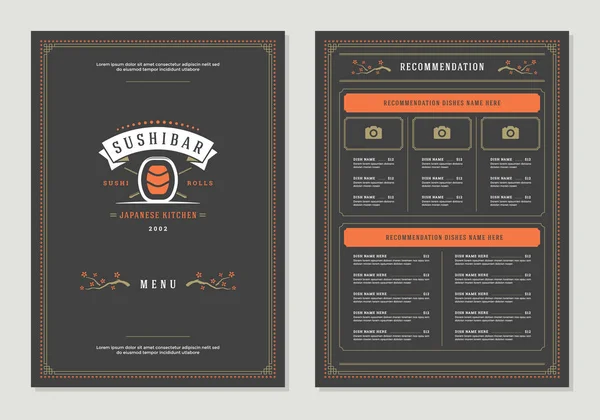 Sushi Restaurant Ontwerp Logo Vector Brochure Menusjabloon Roll Silhouet — Stockvector