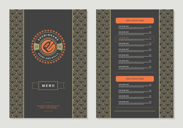 寿司餐厅菜单设计和标志矢量宣传册模板 卷轴剪影 — 图库矢量图片