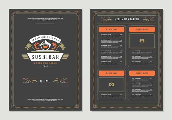 Plantilla Diseño Menú Restaurante Sushi Folleto Vectores Logotipo Silueta Rollo — Vector de stock