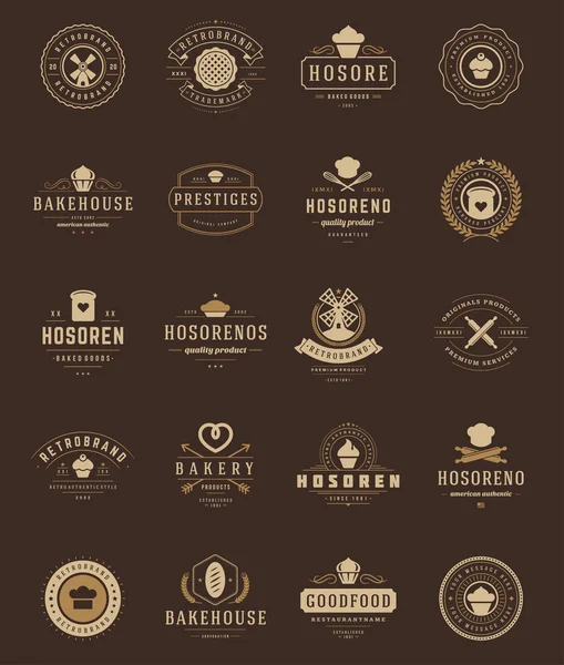 Bakery Shop Logotipos Emblemas Rótulos Design Elements Set Pão Bolo — Vetor de Stock