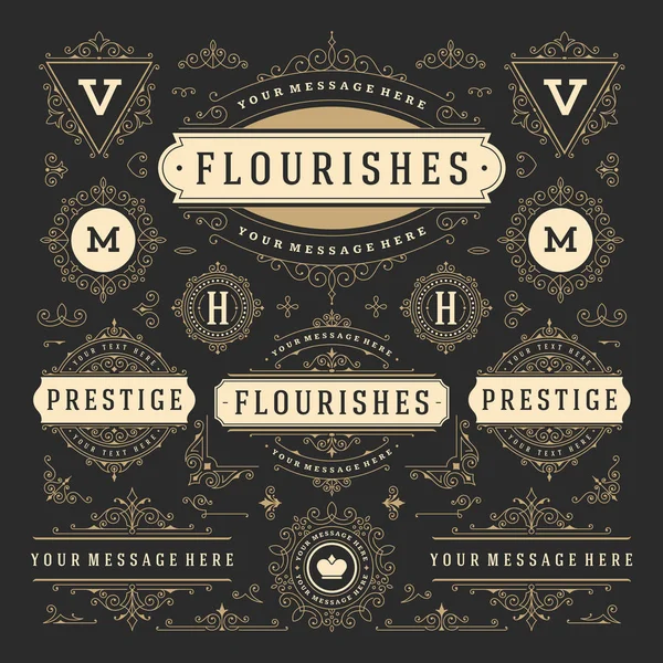 Vintage Vector Adornos Decoraciones Elementos Diseño Florece Combinaciones Caligráficas Logotipos — Vector de stock