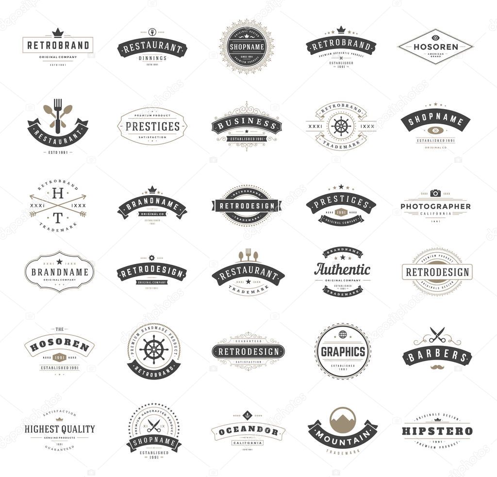 Vintage Logos Design Templates Set. Vector logotypes elements collection, Icons Symbols, Retro Labels, Badges, Silhouettes. Big Collection.
