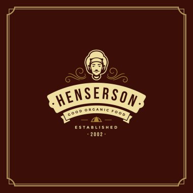 Restoran logo şablonu vektör çizim. Şef adam karşısında şapka siluet, restoran menü ve kafe rozet için iyi. Vintage tipografi amblem tasarımı.