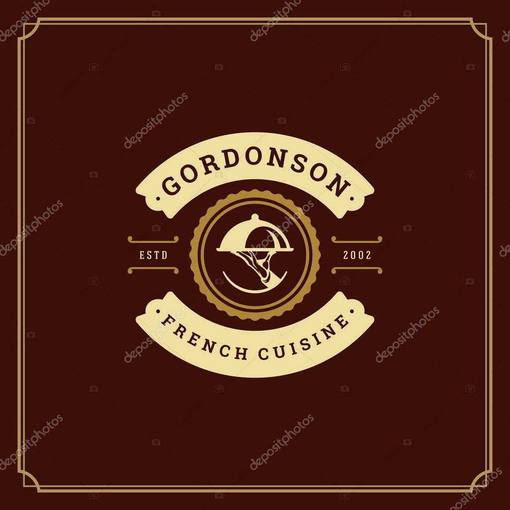 Restaurant logo template vector illustration. Waiter hand holding tray silhouette, good for restaurant menu and cafe badge. Vintage typography emblem design.