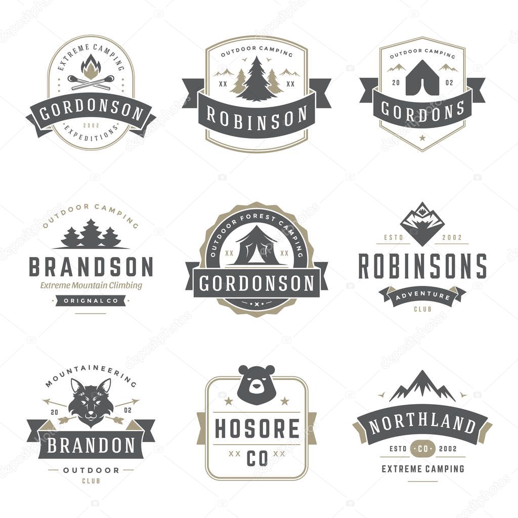 Camping logos templates vector design elements and silhouettes set, Outdoor adventure mountains and forest expeditions, vintage style emblems and badges retro illustration.