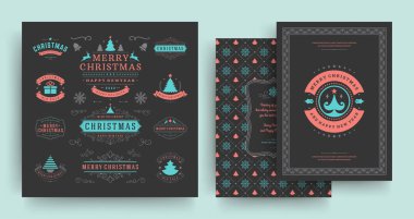 Tebrik kartı şablonu ile ayarlanmış Noel etiketleri ve rozetleri vektör tasarım öğeleri.