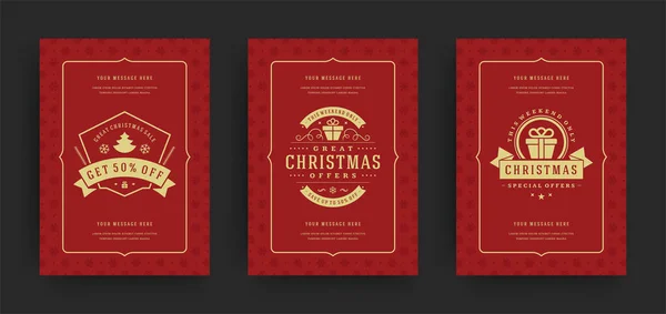 Venta de Navidad folletos o pancartas de diseño conjunto ofertas de descuento y copos de nieve patrón de fondo con decoración ornamentada — Vector de stock