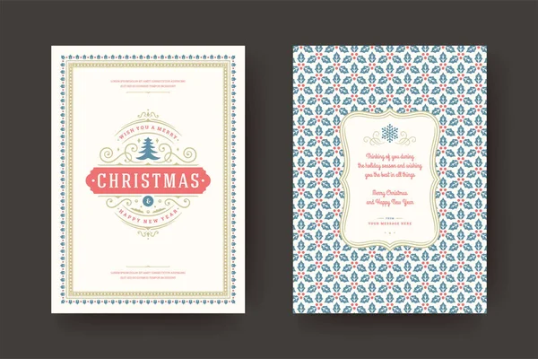 Tarjeta de felicitación navideña diseño tipográfico vintage, adornos adornados símbolos con árbol, vacaciones de invierno deseo — Vector de stock