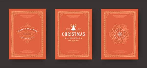 Weihnachtsgrußkarten set vintage typografisches Design, kunstvolle Dekorationssymbole mit Winterurlaubswünschen — Stockvektor